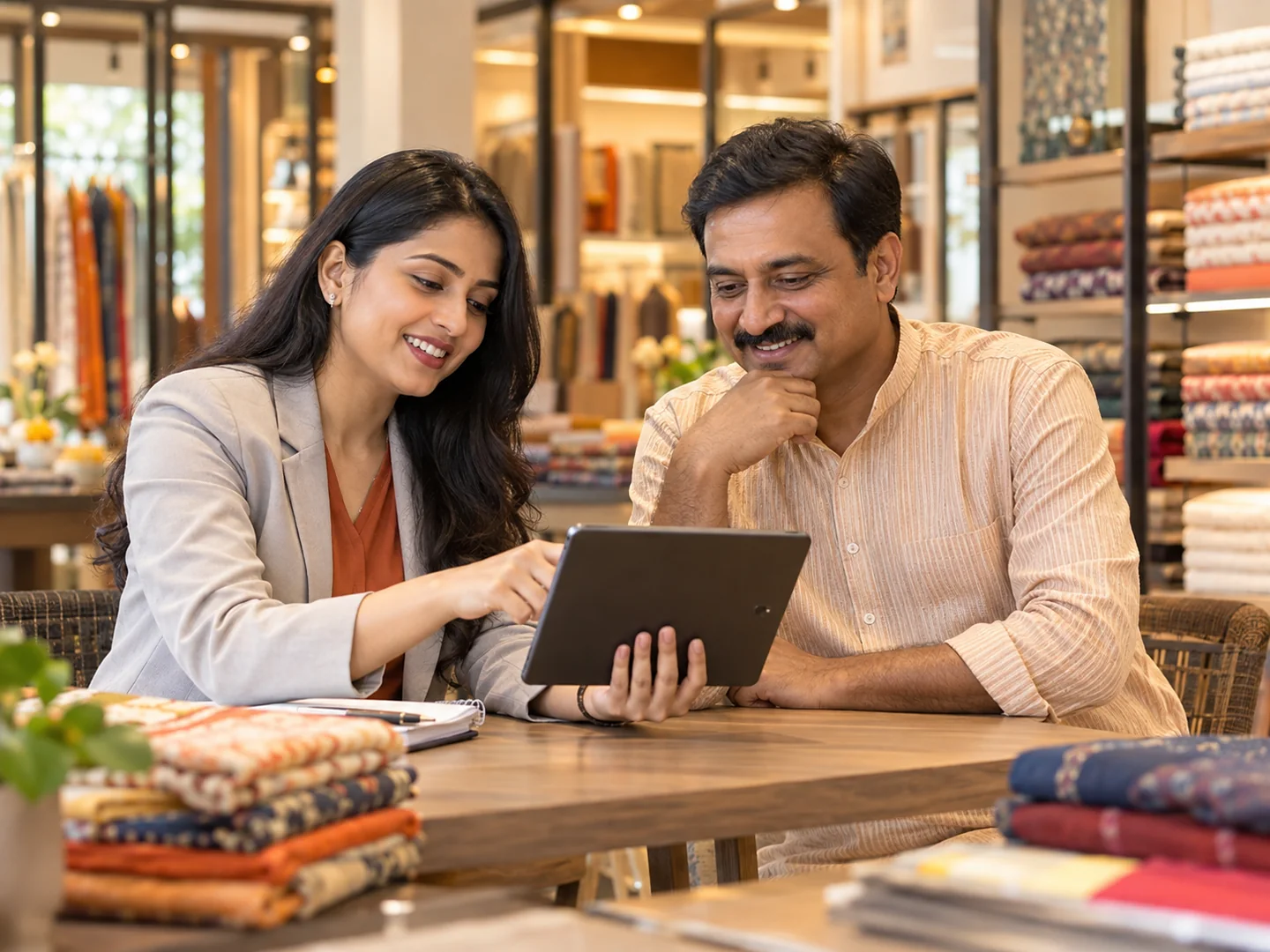Consultant showing an app design to a business owner on a tablet