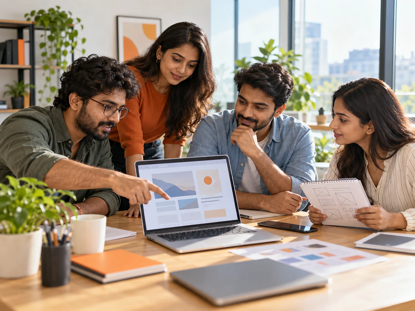 Digichakra team discussing a client project in a bright office
